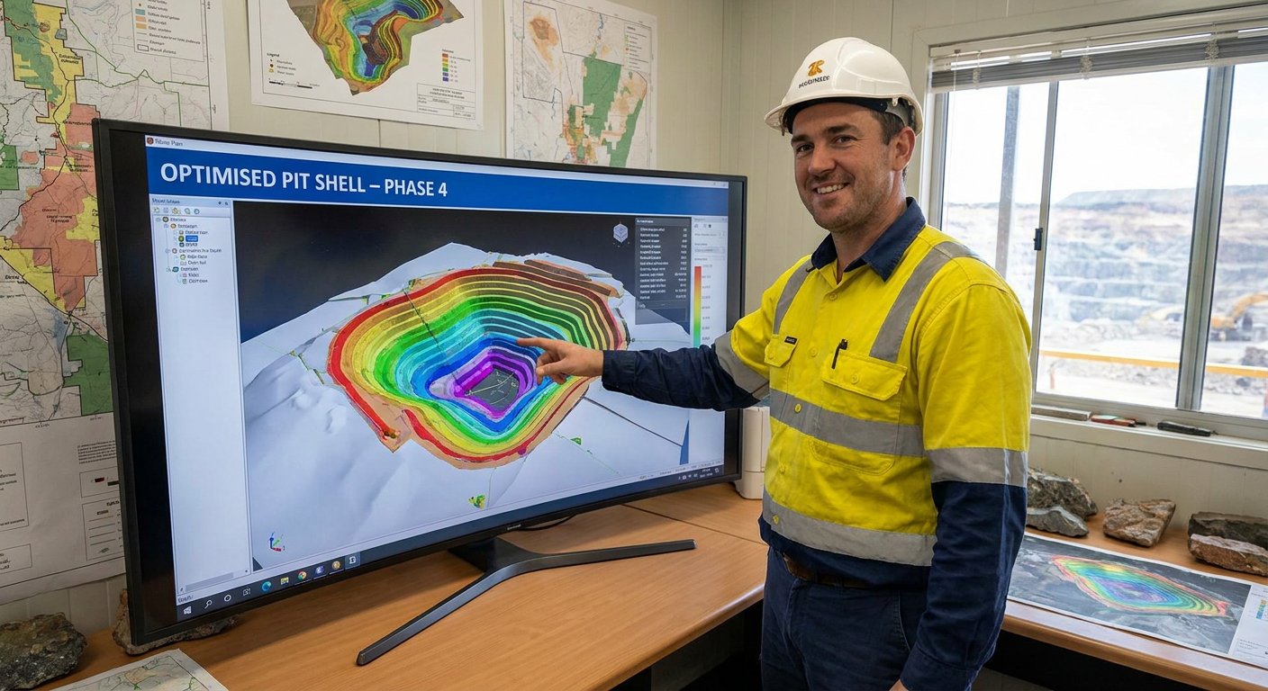 Ingénieur minier en casque et gilet présentant une fosse optimisée