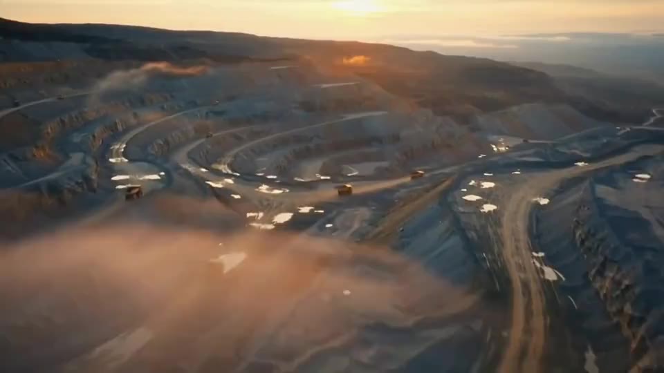 Vue aérienne d'une fosse à ciel ouvert à gradins au lever du soleil
