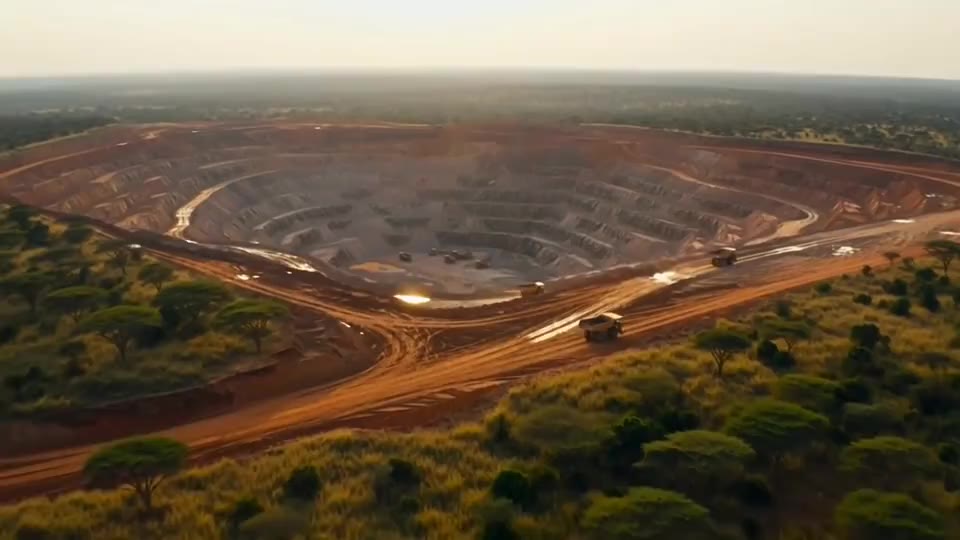 Vue aérienne d'une mine à ciel ouvert en latérite avec camions de roulage