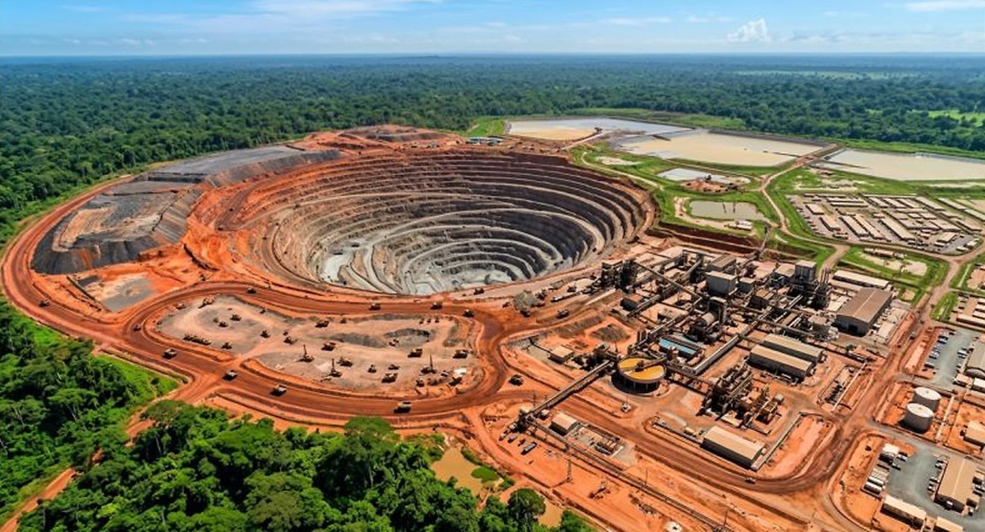 Vue aérienne d'une mine à ciel ouvert et de son usine de traitement en pleine forêt